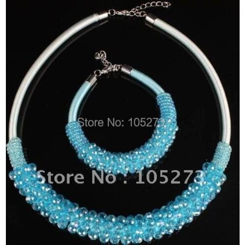 Blue Crystal Choker Necklace & Bracelet Fashion Womens Jewelry Luck Crystal Jewelry Set Hot Sale New Free Shipping FN1341