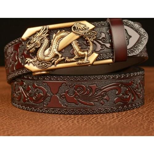 Vintage Dragon Pattern Belt for Men Retro Cowskin Automatic Buckle Leather belt for Male Men Casual Ratchet Belt for Jean Gift