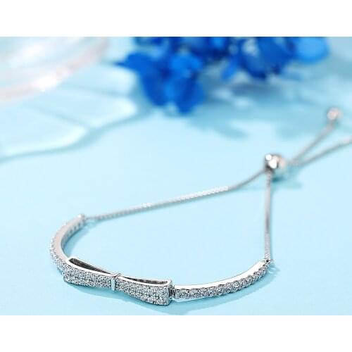 Luxury 100% 925 Sterling Silver Charm Simulated Moissanite Diamonds Bowknot Bracelets for Women Wedding Fine Jwelwey Gift