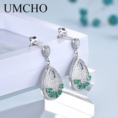 UMCHO Solid Silver 925 Jewelry Drop Shape Created Nano Green Emerald Clip Earrings For Women Birthday Gifts Charms Fine Jewelry