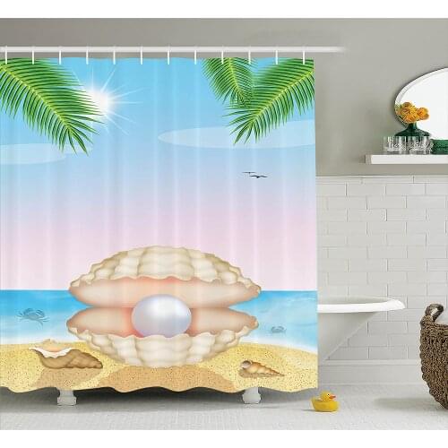 Pearls Decor Shower Curtain Pearl in Big Shell On Tropic Sandy Beach Sun Rays and Trees Exotic Unique Creature Bathroom Curtains
