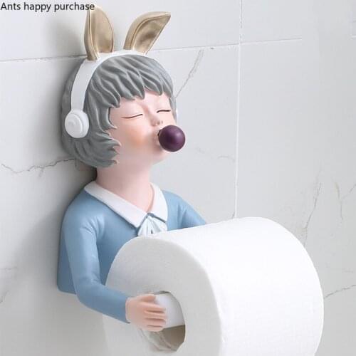 Resin Wall-mounted Paper Towel Tube Girl Blowing Bubbles Napkin Holder Decorative Crafts Bear Deer Dog Paper Towel Storage Rack