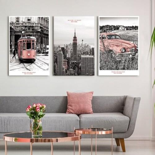 Modern Vintage City Scene Pink Rail Transit Car New York Canvas Paintings Poster Print Wall Art Pictures Living Room Home Decor