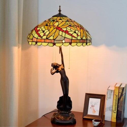 40cm retro green dragonfly led table lamp Tiffanys stained glass living room bedroom bar Goddess of girl decorative desk lamps
