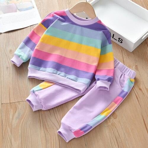 Baby Girls Rainbow Striped Spring Autumn Sport Causal Clothing Sets Children Kids T Shirt Pants Clothes for 1 to 9 years Old