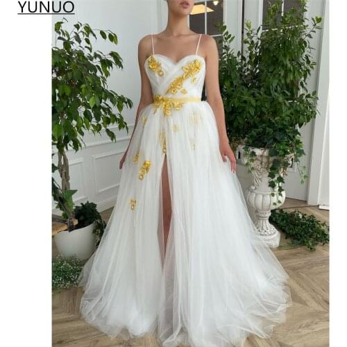 YUNUO Tulle A-line White Prom Party Gowns with Straps Golden Petals Floor Length Evening Dresses Side Slit платье на выпускной