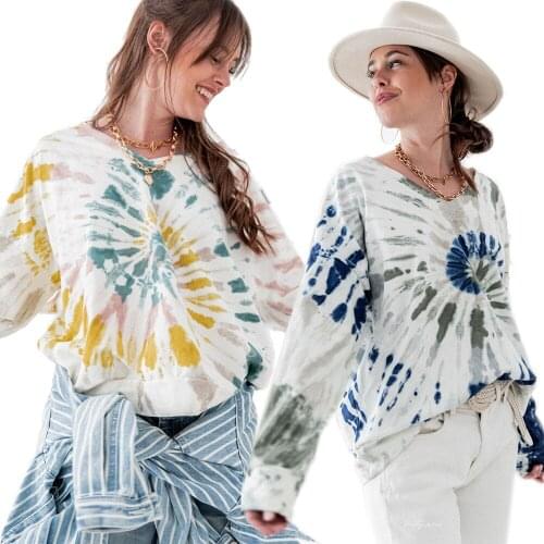 Womens Printed Tie Dye Long Sleeve Top 2020 Autumn Fashion V-neck Pullover Casual Loose Street Hoodies Yellow Blue Plus Size