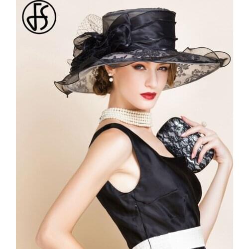 FS Sumer Hat For Women 2021Beach Kentucky Derby Black Organza Sun Hats Ladies Tea Party Wedding Wide Brim Fascinator Fedoras