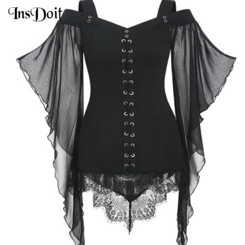 InsDoit Gothic Vintage Patchwork Mesh Womens T-shirts Bandage Aesthetic Assymmetric Top Sexy Bodycon Punk Grunge Harajuku Tees