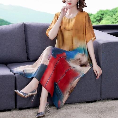 Summer Vintage 4XL Plus Size Tencel Dress Loose Casual Print Mulberry Silk Maxi Dress Women Elegant Bodycon Party Vestidos