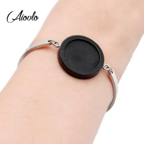 2pcs Fit 20mm Round Blank Wood Cabochon Stainless Steel Bracelet Base Settings Diy Cuff Bangle Bezel Trays for Jewelry Making