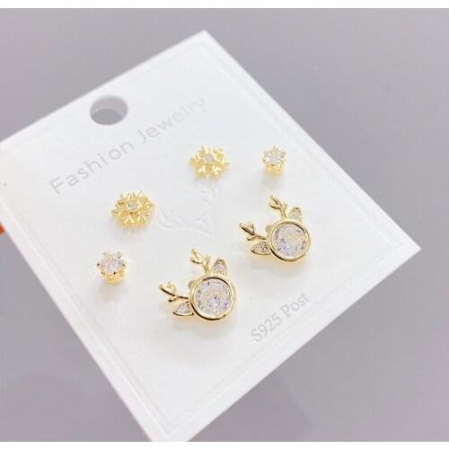 2021 New Design 6 Pcs 14K Gold Plated Snowflake Stud Earrings Luxury Jewelry Cubic Zircon Deer Earrings