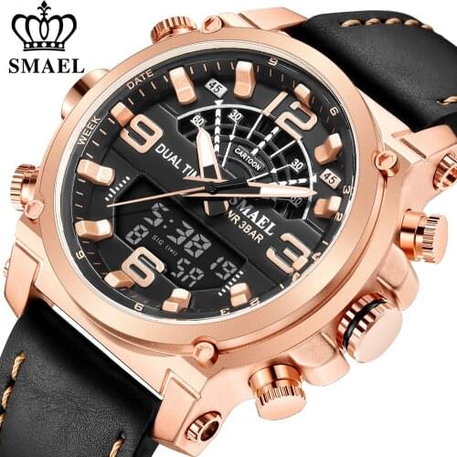 SMAEL Fashion Brand Watch Men Leather Sport Watches Rosegold Waterproof Quartz Wristwatches Chronograph Male Clock