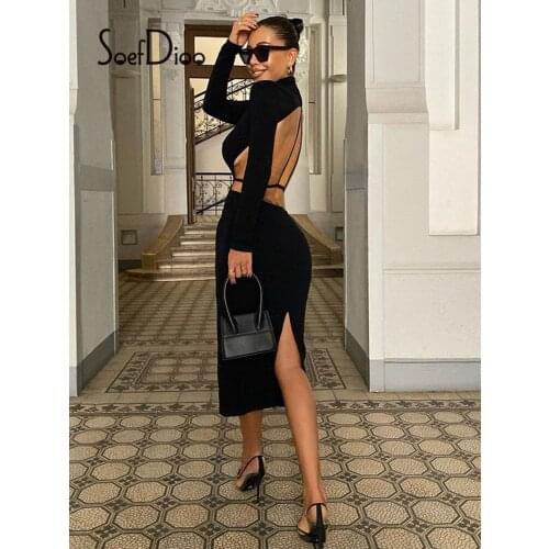 Soefdioo Black Long Sleeve Hollow Out Bodycon Midi Dress Women Sexy Backless High Split Party Dress Fall 2021 Night Club Wear