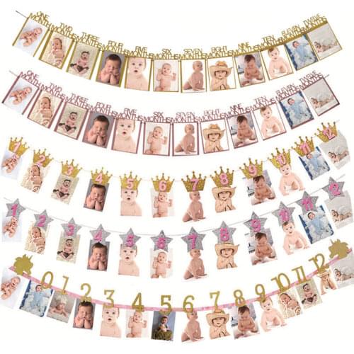 Baby shower Kids Frist Birthday Banners 12 Months Photo Frame Bunting Garland Boy Girl 1st One Year Party Decoration Supplies
