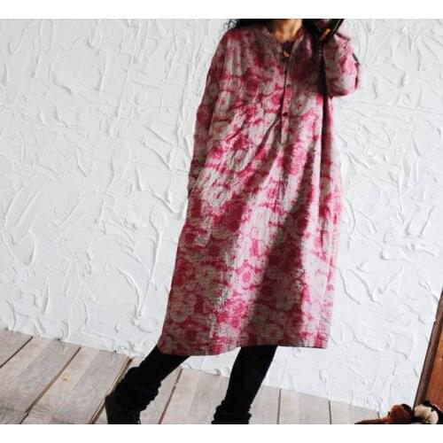Women Cotton Linen Printed V Neck Dress Ladies Print Vintage Robe Dress Female Loose Dresses Plus Size Dress
