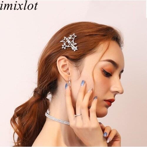 Imixlot New Fashion Women Hollow Pentagram Hair Clips Crystal Starfish Hairpins Bridal Sweet Rhinestone Metal Barrettes