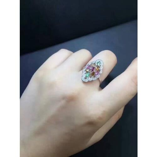 Fashion long Rhomboid Natural Multicolor tourmaline gem Ring S925 Silver Natural Gemstone Ring Womens party gift fine Jewelry