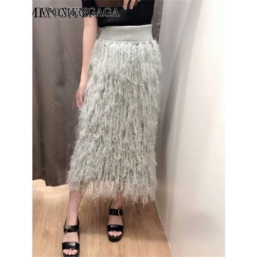 Korea Fall Knit Skirt Women Designer Feather Sweater Skirt Grey A Line Elastic High Waist Long Midi Crochet Skirt Fashion FY3H
