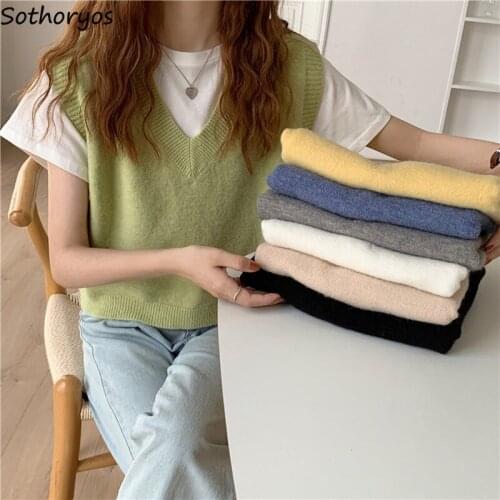 Short Sweater Vest Women Solid Trendy Retro Loose Simple Ulzzang Streetwear All-match V-neck Classic Elegant Casual Chic Womens