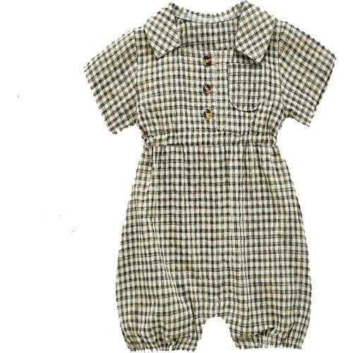 Girls Short Sleeve Turn-Down Collar Plaids Patchwork 3 Buttons Decor One-Pieces Summer Cotton Rompers Baby Romeprs
