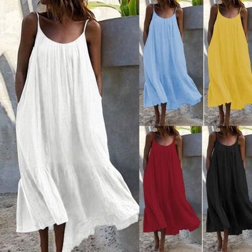 50%HOTSummer Dress Low Round Neck Loose Casual Women Sling Solid Color Dress for Beach