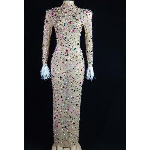 Fashion Multicolor Crystal Pearl Mesh Long Dress Prom Evening Sexy Transparent Rhinestones Birthday Dress Feather Sleeve Costume