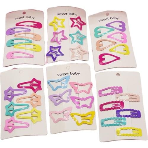Children Paint Spraying Accessories Candy Color Star Butterfly Snap Hair Clip Set 6 Pcs Mixed Color Heart Hairpins For Kids