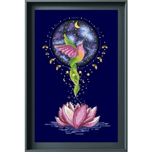 Hummingbird lotus cross stitch kit pattern 14ct 11ct deep blue fabric cotton silk embroidery DIY handmade wall big picture