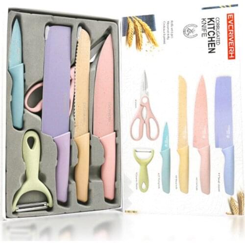 Kitchen Knives Set 6PCS Wheat Straw Chef Knife Barbecue Knives Japanese Knives Peeler Steak Knife Bread Knife Set Vegetables