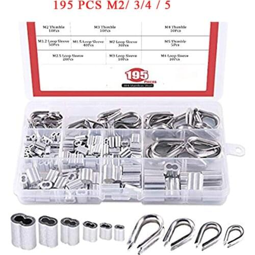 195Pcs M2 / 3/4 / 5 304 Stainless Steel Thimble and 6-Size Aluminum Crimping Loop Sleeve Assortment Kit for 1/16" - 3/16" Diame