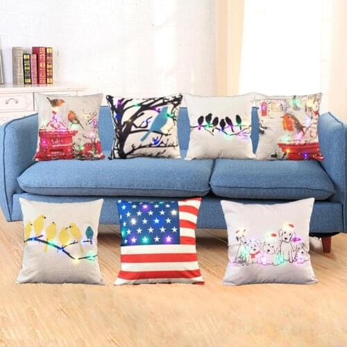 Cute Bird Print Pillow Case LED Lighting Linen Waist Cushion Cover Decorative Pillowcases Throw Pillow Cover 45*45cm Home Decor