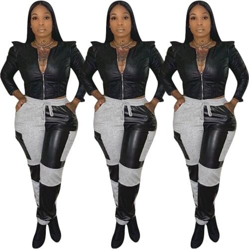 New arrival women winter pants Solid Color PU Leather Mid Waist Loose Casual Pants For Women