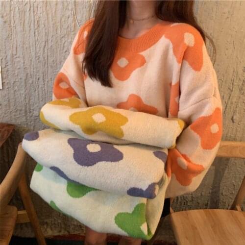 Autumn Winter Knitted Sweater Flower Pullover Vintage Loose Coat Female Long Sleeve Oversized Sweaters Korean Clothes Women
