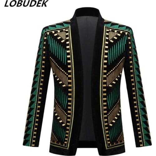 Male Singer Performance Stage Blazers Splicing Color Embroidery Tuxedo Coat Bar Nightclub Host Slim Suit Jacket Vintage Costume