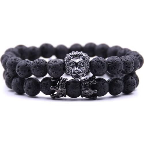 KANGKANG 2 pieces/set popular natural stone 8mm Bead Charm Bracelet Men&Women Jewelry black Lion head and Crown Bracelet Gift
