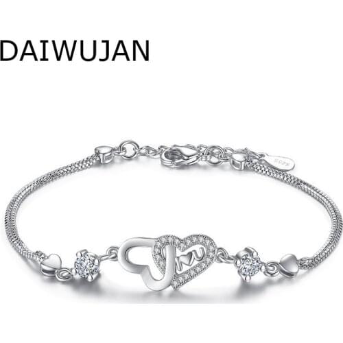 DAIWUJAN Romantic I Love U Bracelet 925 Sterling Silver Purple White Zircon Heart to Heart Box Chain Bracelet Women Jewelry Gift
