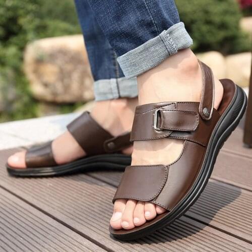 Slip-on hook-loop platform shoes men sandals genuine leather solid zapatos de hombre casual flats breathable sandals mens shoes