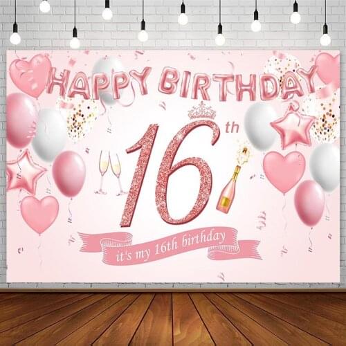 Happy 16th Birthday Party Backdrop Sweet Girl Pink Love Star Balloon Ribbons Shiny Background Photography Studio Photocall Decor