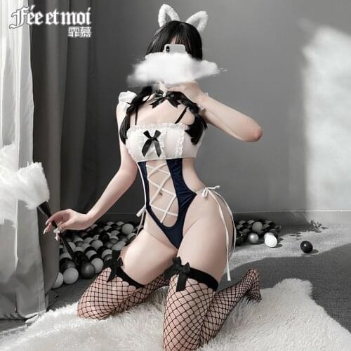 Sexy Lingerie Maid Cosplay Outfit for Women Kawaii Cat Costumes Hollow Out Sleeveless Japanese Swimsuit One Piece Bodysuit Set