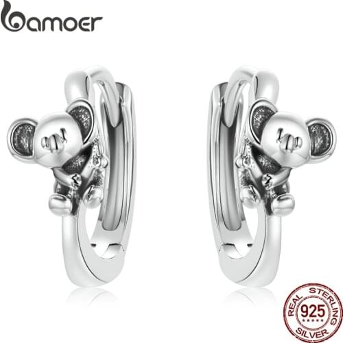 Bamoer 925 Sterling Silver Cute Koala Ear Buckle Lovely Lazy Animal Hoop Earrings for Women Statement Fashion Ear Jewelry BSE507