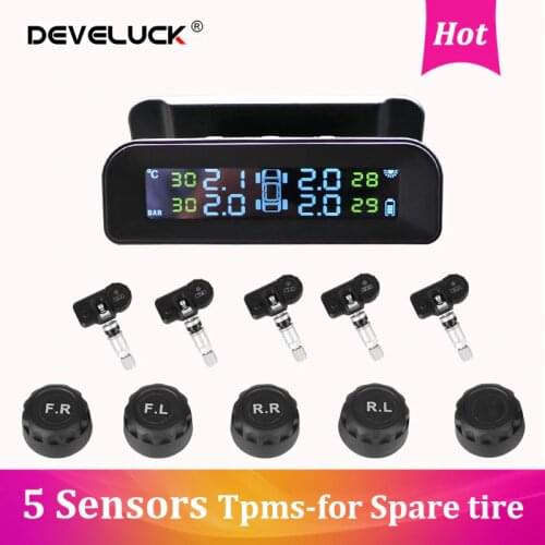 5 Tires TPMS For Spare tire Car Tire Pressure Monitor System Automatic Brightness Control Solar Power LCD Screen Wireless