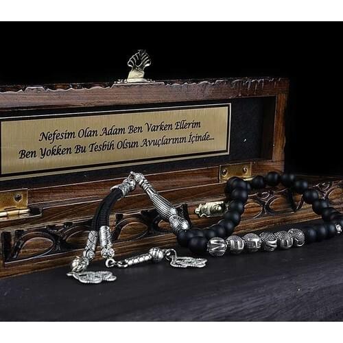 Tesbihevim Silver Name Written Metal Tassels Matte Onyx Stone Prayer Beads And Wooden Box