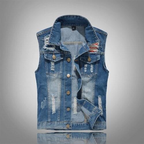 Vintage Design Mens Denim Vest Male Blue Color Slim Fit Sleeveless Jackets Men Hole Jeans Brand Waistcoat Plus Size 5XL Clothes