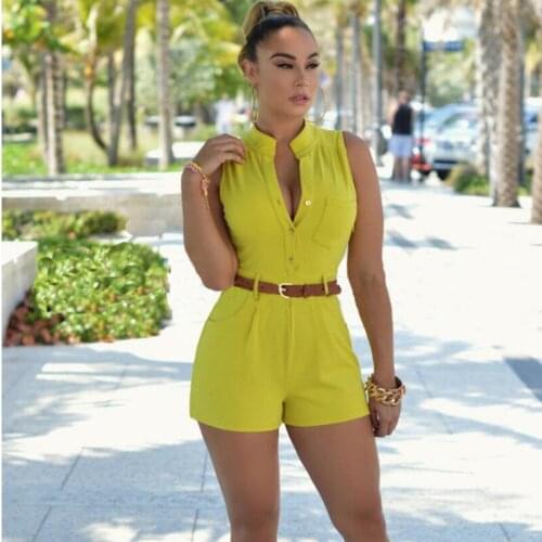 Aprmhisy Hot New Fashion Solid Jumpsuits Women Sleeveless V Neck Button Playsuits With Belt Casual Rompers Overalls