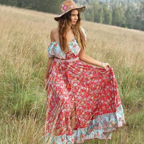 TEELYNN long dress rayon floral print summer dresses off the shoulder Elastic waist beach wear Boho women drsses Gypsy vestido