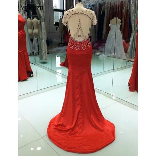 Sexy Open Back Long Evening Dress 2019 Mermaid Beaded Short Sleeves Red Women Formal Evening Gowns Prom Dress Robe De Soiree
