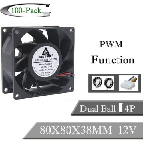 100 Piece GdstimeDC 12V 8cm 80mm 8038 Ball Bearing Waterproof Cooling Fan 80x80x38mm PWM 4Pin Inverter Cooler Cooling