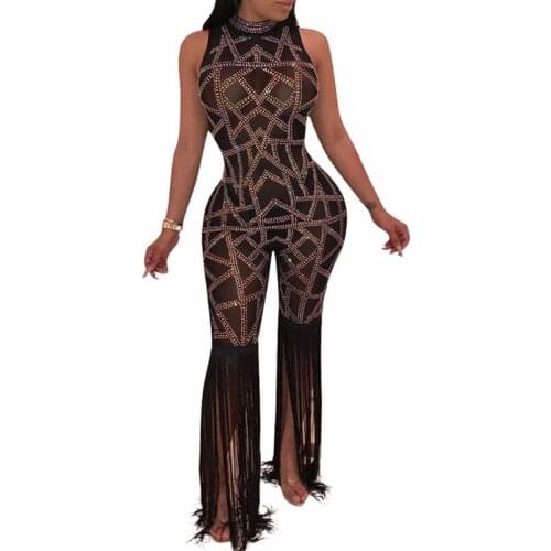 2019 Luxury Rhinestone Women Deep O Neck Jumpsuit Crystal Diamond Romper Sleeveless Backless Sexy Nightclub Costumes