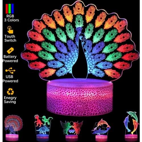 3 Acrylic Plates 3D Night Lights Touch Control Colorful LED Lamp 3D Peacock Animal Light Kids Gift Creative Bedroom Decor D30